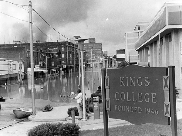 archival photo of the campus after a flood