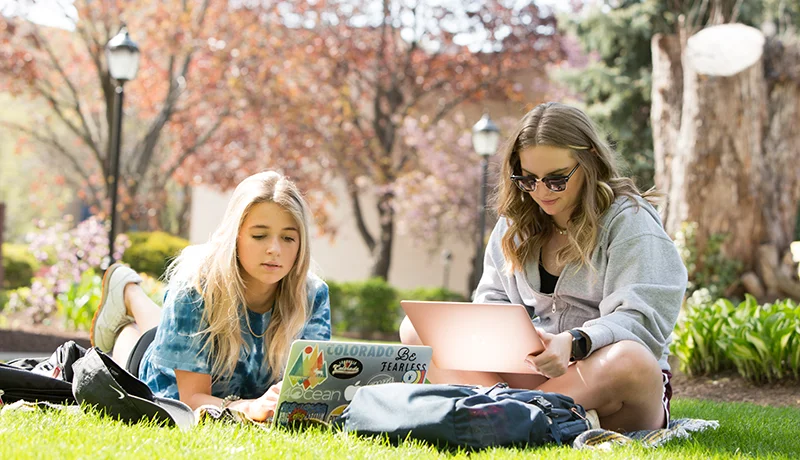 two students working on their laptops in o'connor park