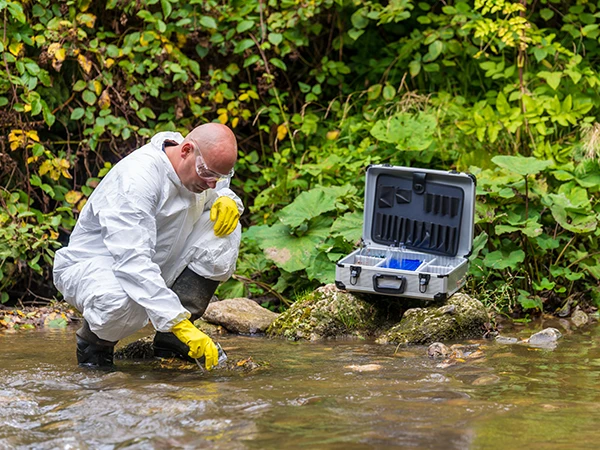 person collecting a water sample in a creek