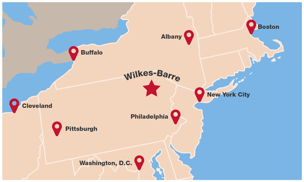 map of northeastern US and King's College proximity to major cities.